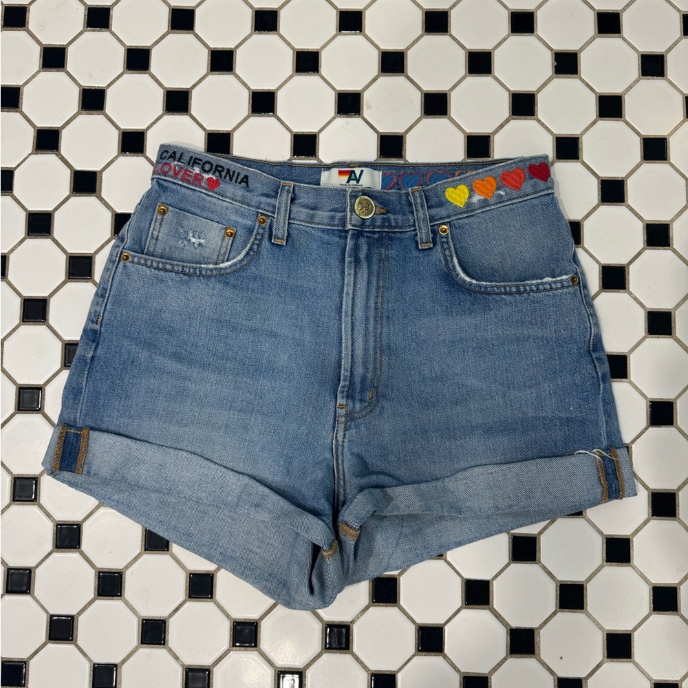 Aviator Nation Light Blue Jean Shorts with Heart Accents